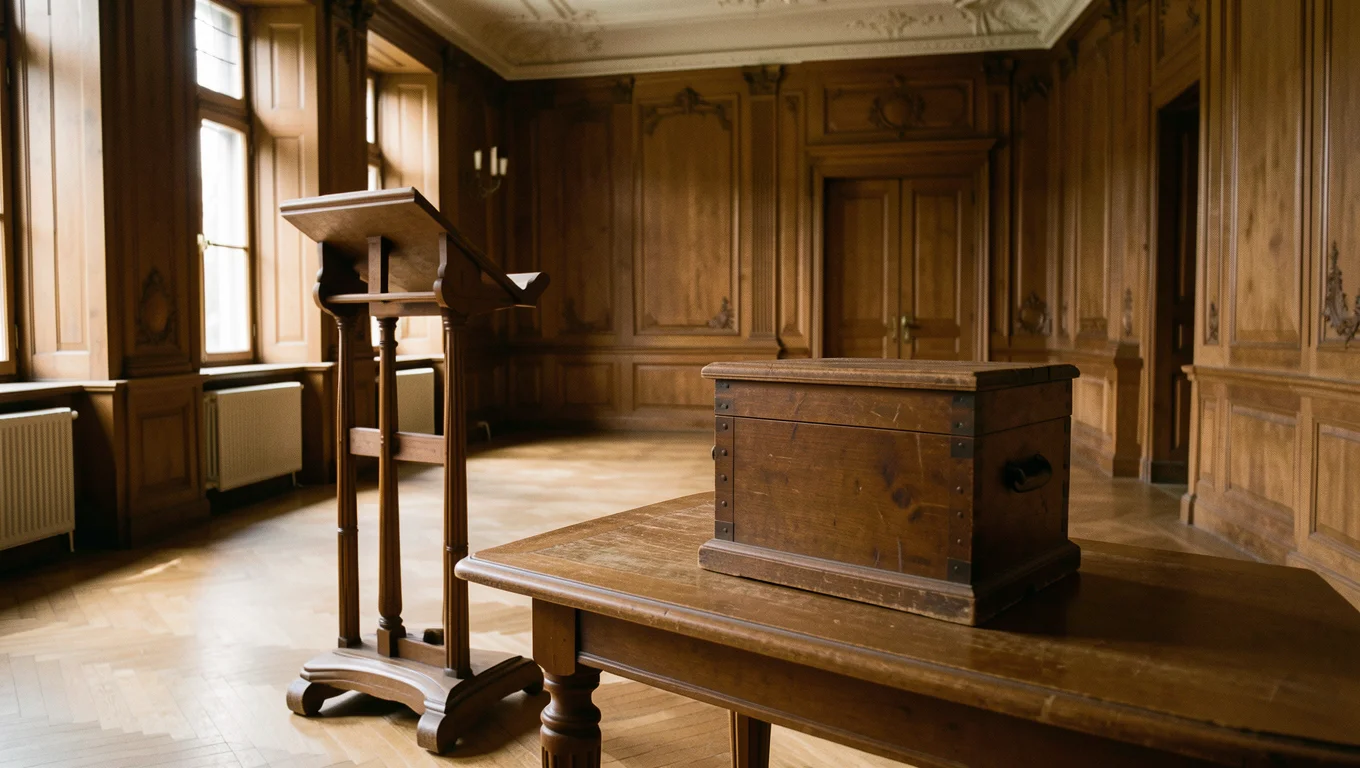 Pupitre de bois et urne ancienne dans une salle de séance vide