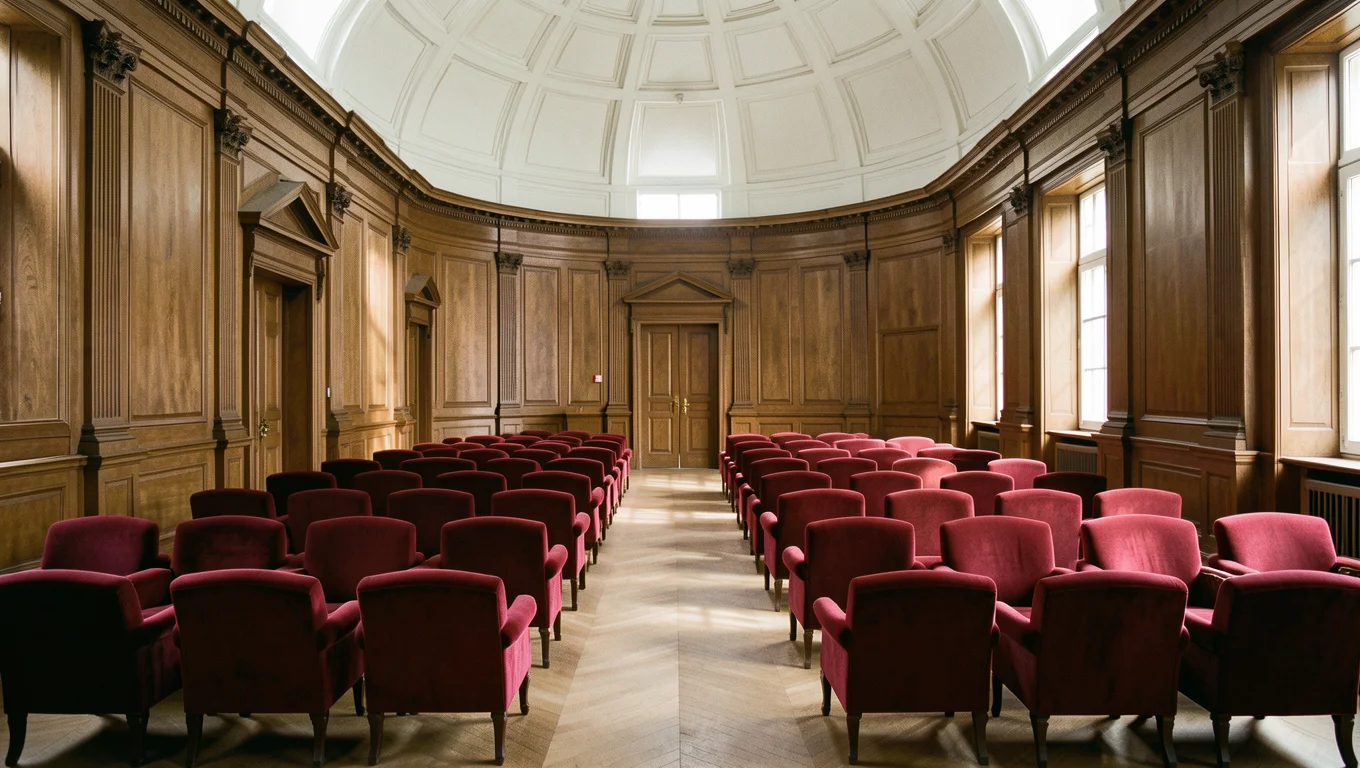 Fauteuils de velours vides dans une salle de séance ornée de boiseries