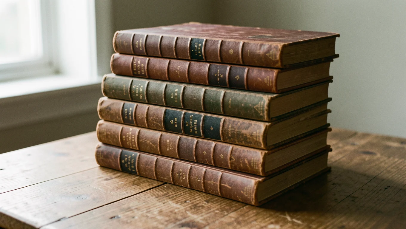 Pile de dictionnaires anciens reliés sur une table en bois