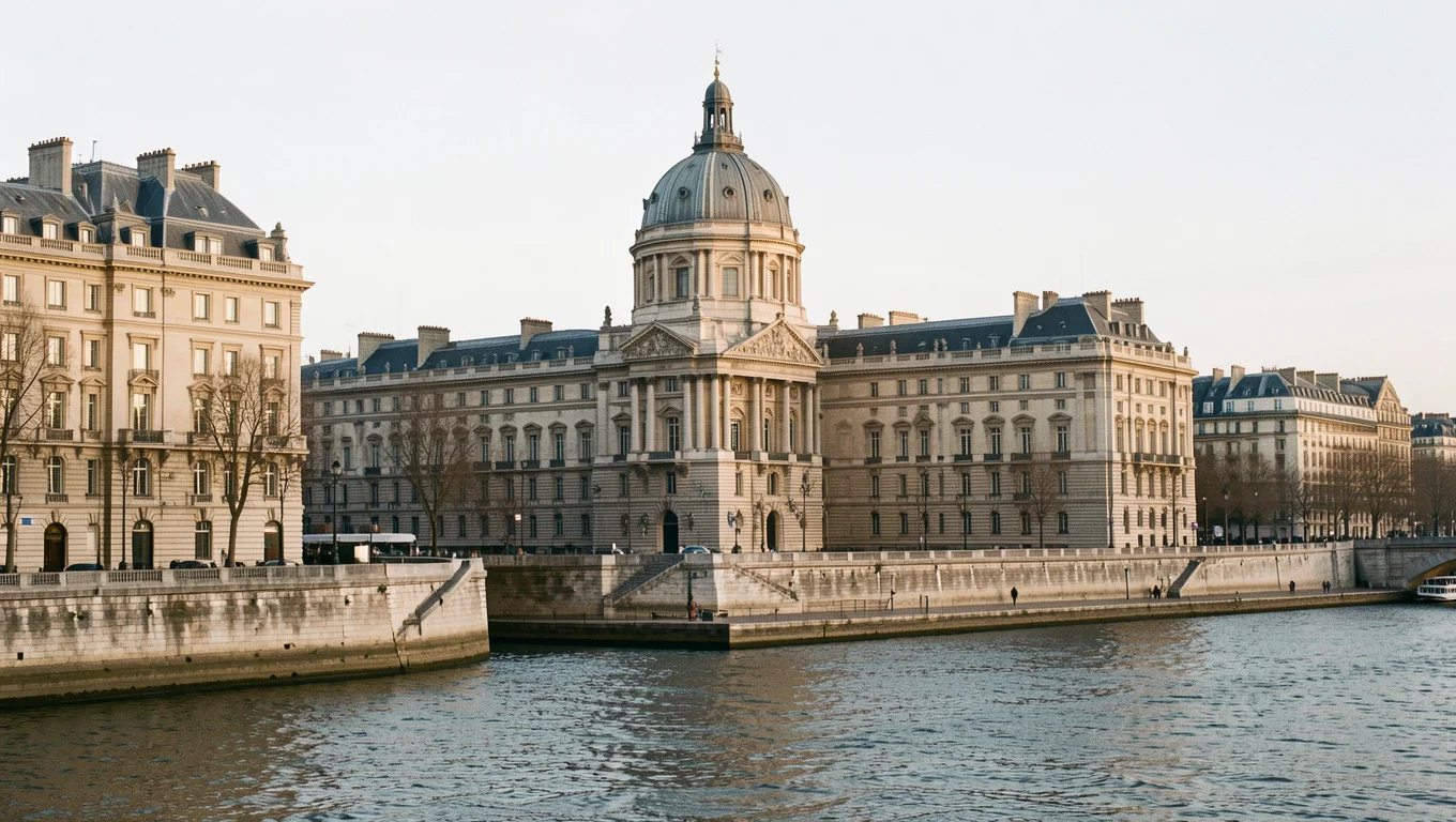Coupole d'un palais parisien vue depuis un quai de Seine