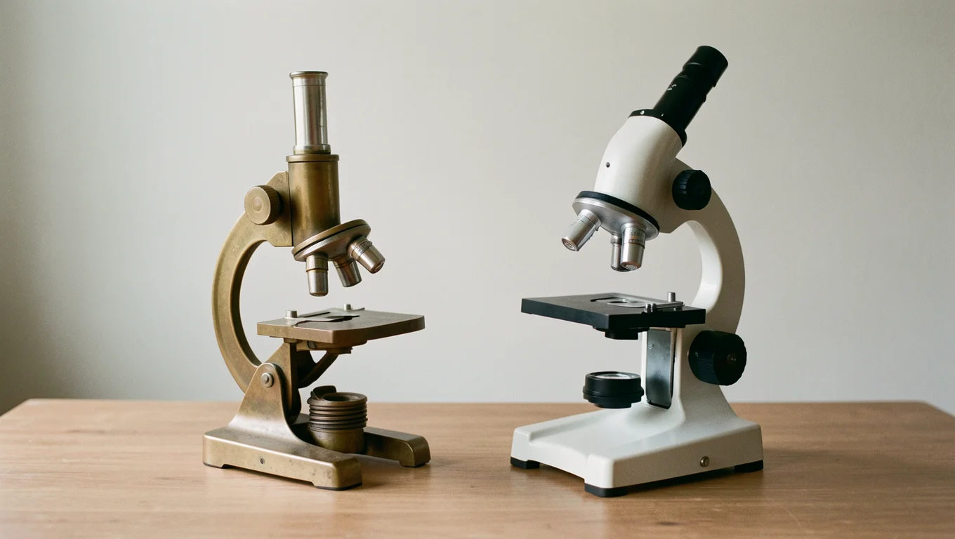 Microscope ancien en laiton à côté d'un microscope moderne