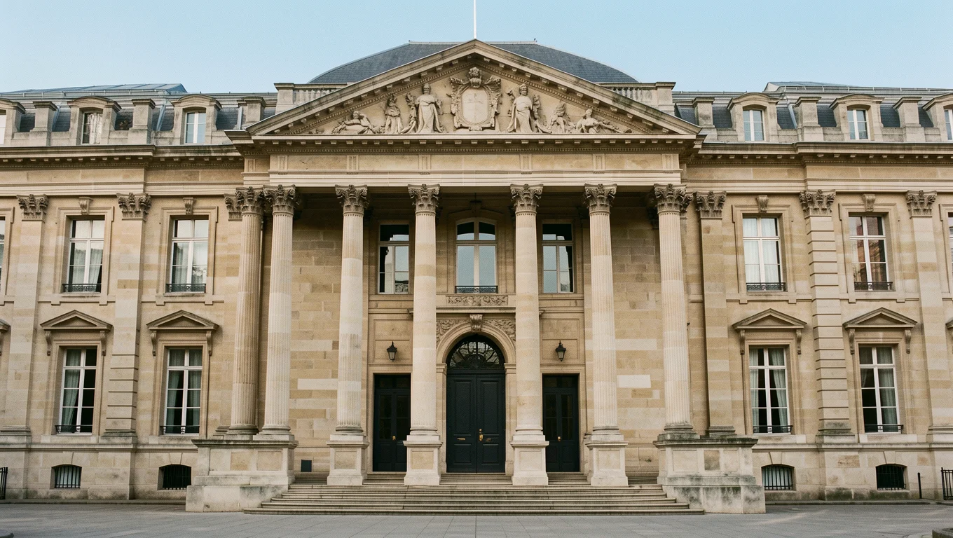 Façade classique d'un institut parisien sous un ciel clair