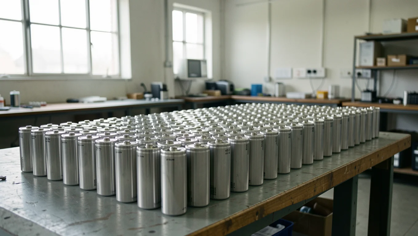 Cellules de batterie cylindriques alignées sur un établi