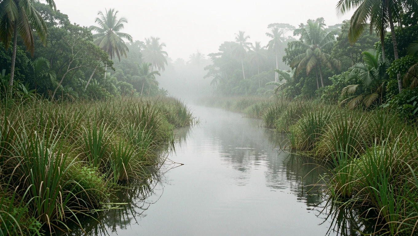 Rivière tropicale calme bordée de hautes herbes et de végétation dense