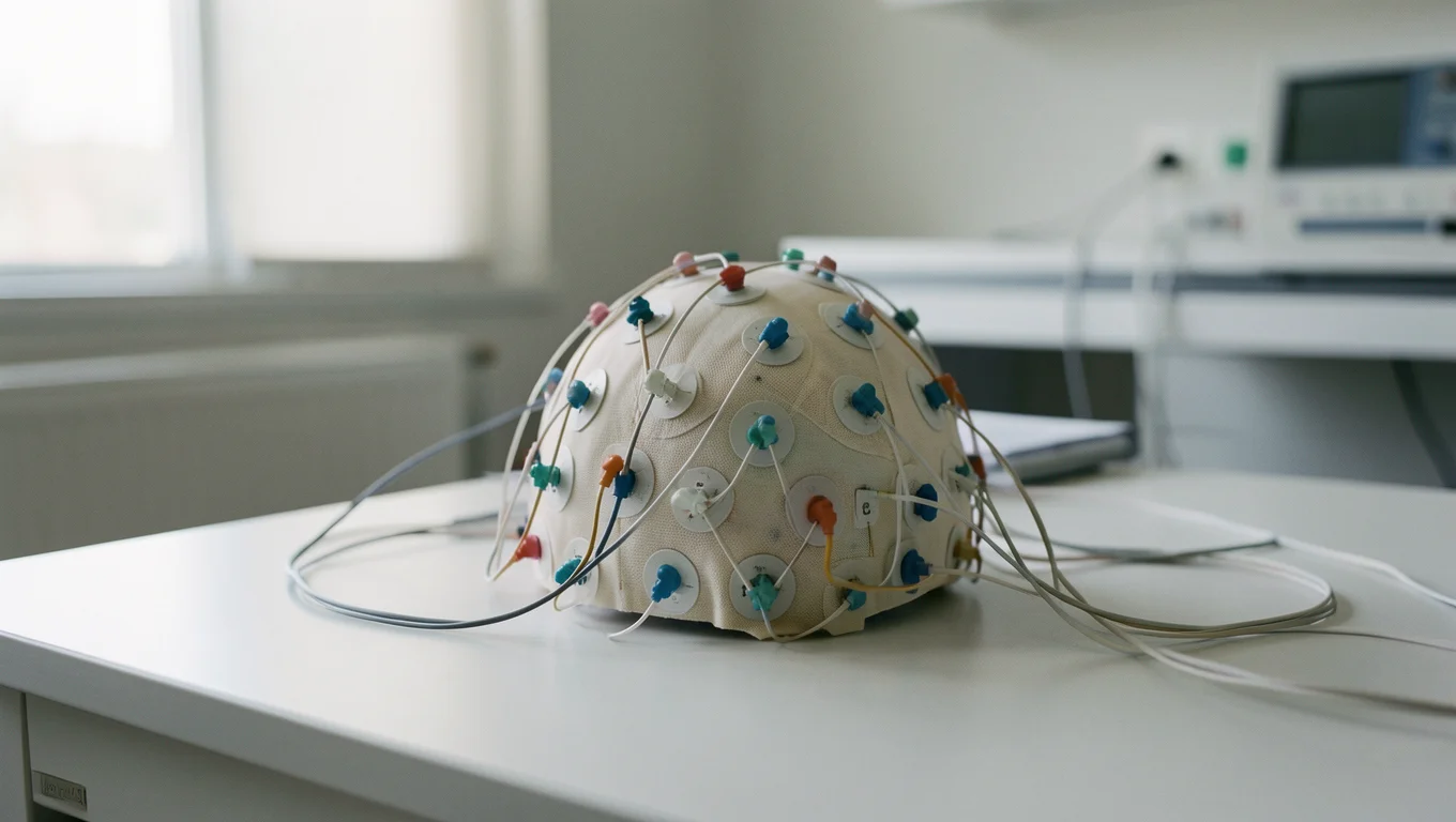 Casque d'électroencéphalographie posé sur une table de laboratoire