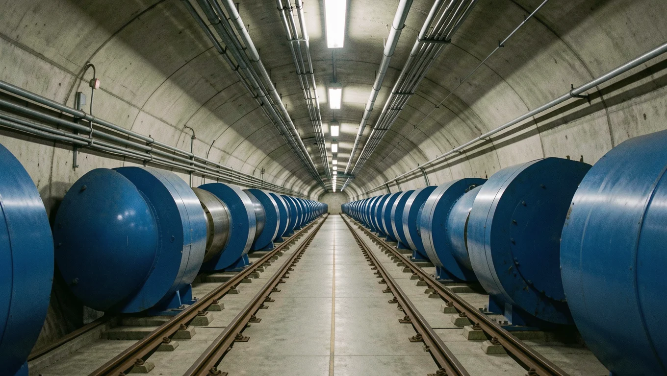 Tunnel d'accélérateur de particules avec ses aimants alignés