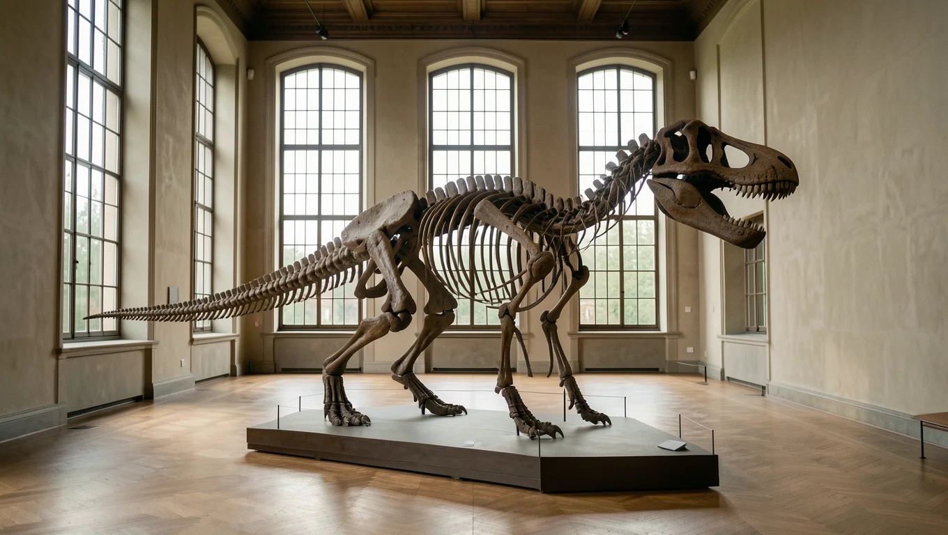 Squelette fossile de dinosaure exposé dans une galerie de muséum