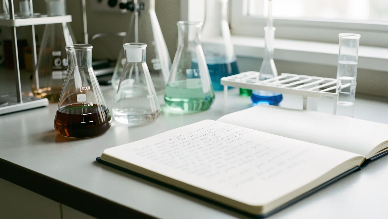 Paillasse de laboratoire avec verrerie et cahier de notes ouvert