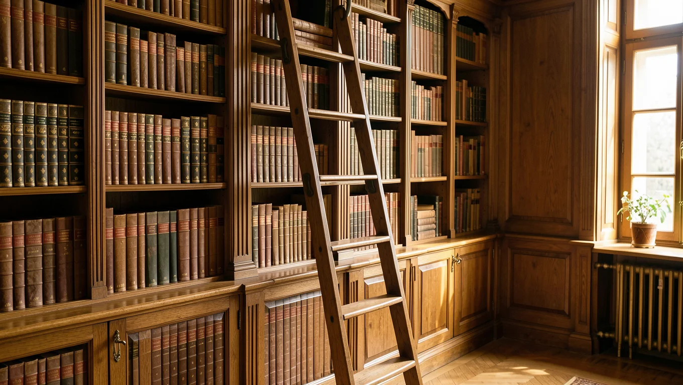Bibliothèque ancienne aux rayonnages de bois chargés de livres reliés
