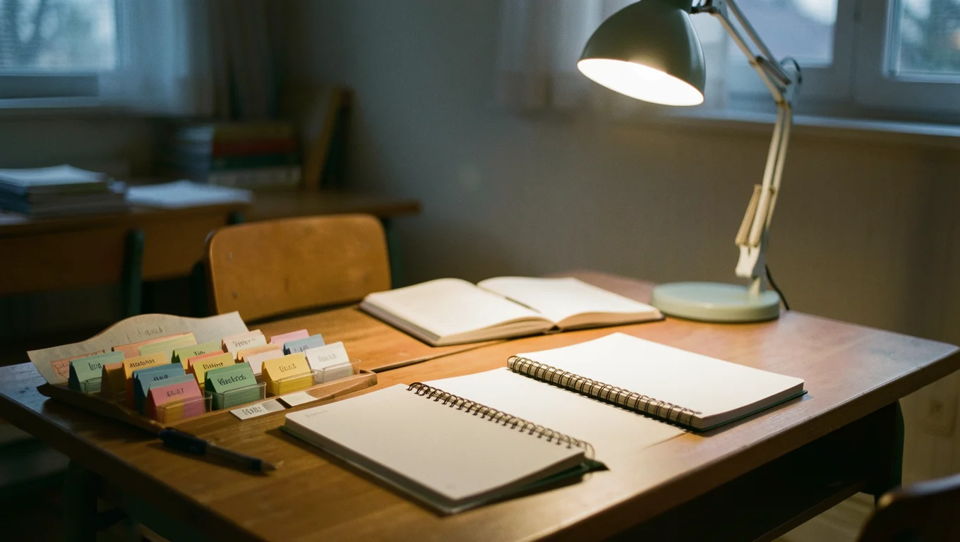Bureau d'étudiant avec carnets, fiches de lecture et lampe
