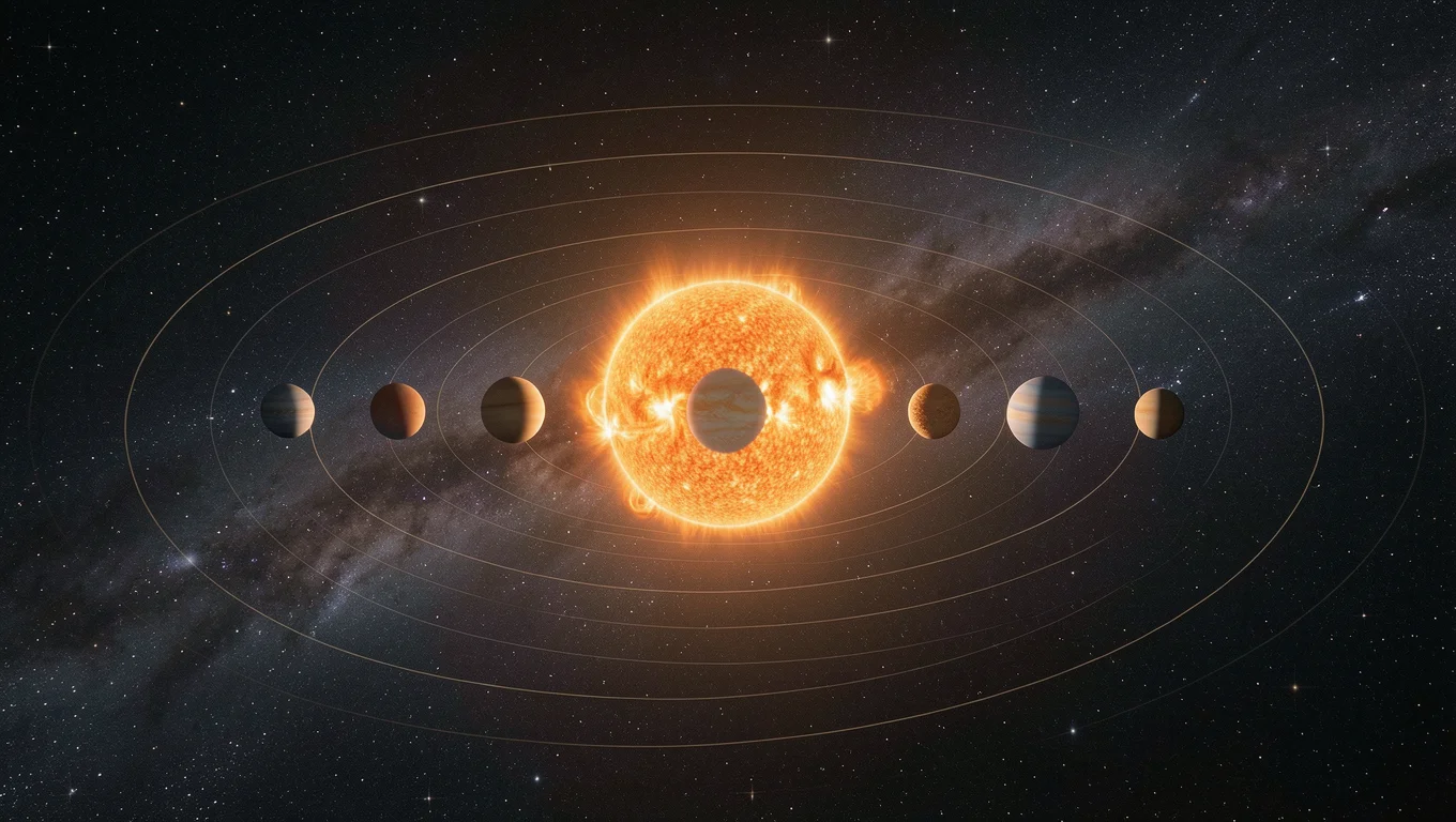 Vue d'artiste des planètes du système solaire alignées près du Soleil
