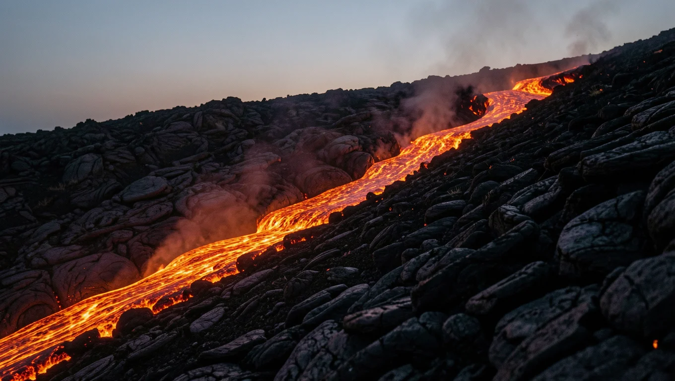 Coulée de lave incandescente descendant une pente de roche noire