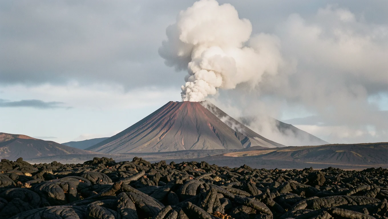 Volcan fumant au-dessus d'un paysage de roches noires