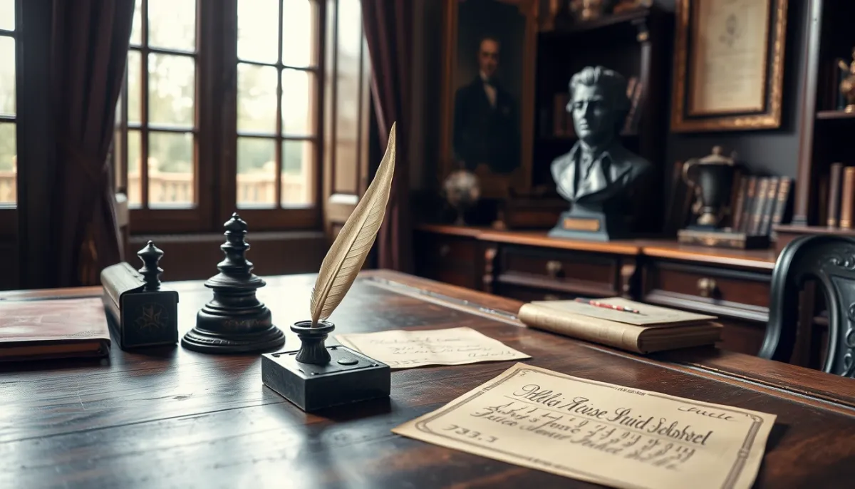 Bureau d'un préfet du XIXe siècle avec plume, encrier et courrier officiel, illustrant l'administration napoléonienne