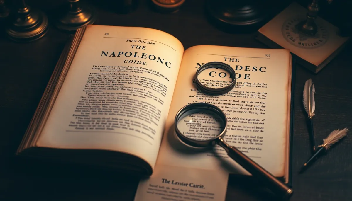 Exemplaire ancien du Code civil napoléonien ouvert sur un bureau avec une loupe et une plume