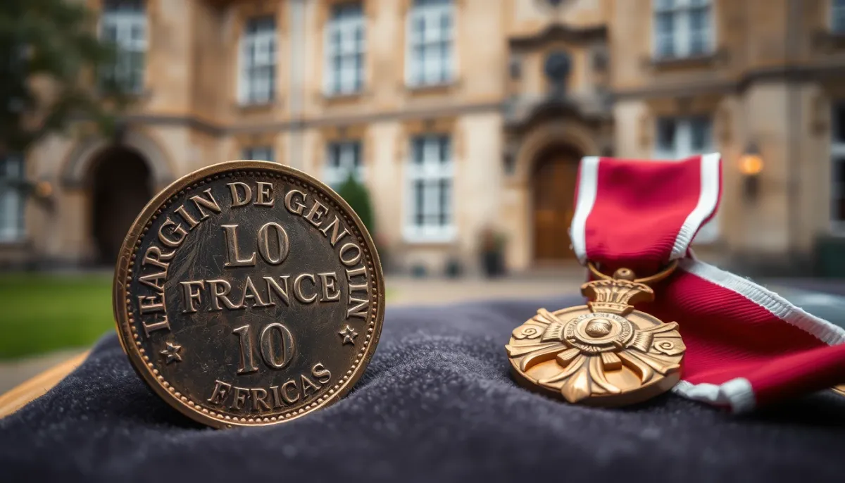 Pièce de franc germinal et médaille de la Légion d'honneur sur un tissu de velours, symboles des réformes économiques et sociales de Napoléon