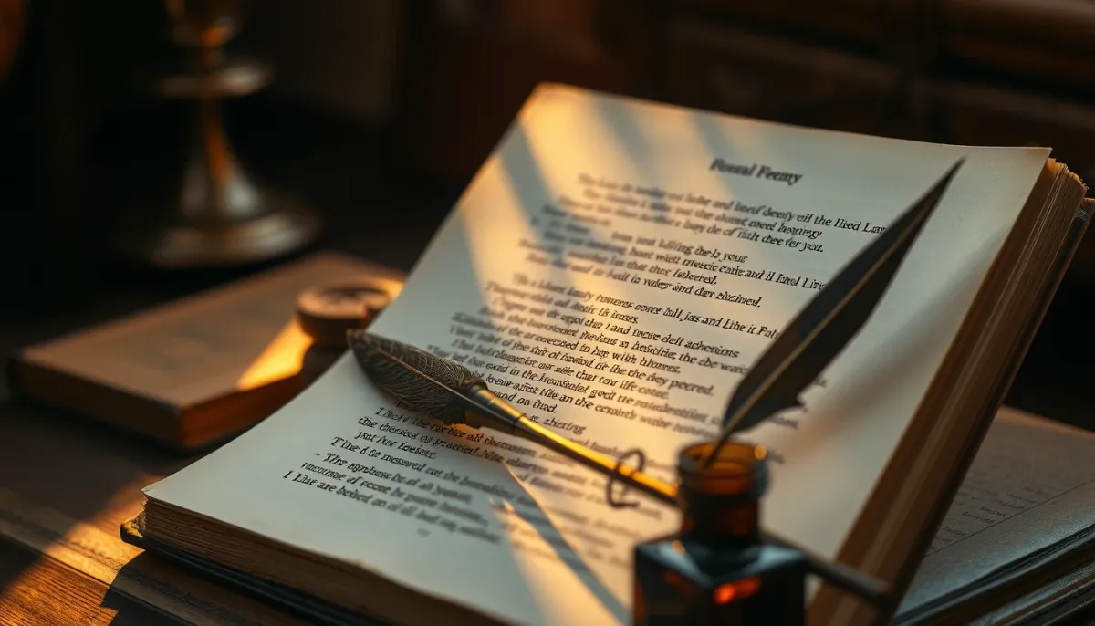 Livre ancien de poésie ouvert avec une plume et un encrier, évoquant l'analyse d'un texte de Victor Hugo
