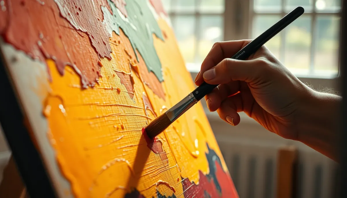 Gros plan sur une main tenant un pinceau appliquant des touches épaisses de peinture à l'huile colorée sur une toile