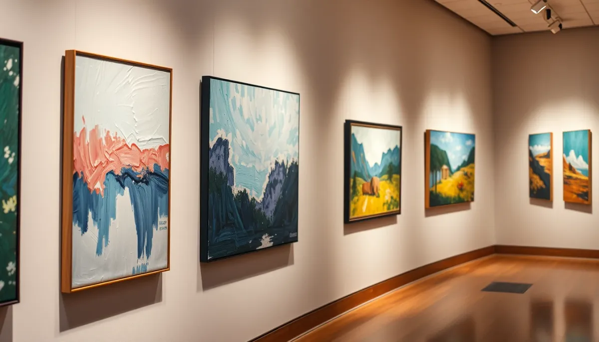 Mur de galerie d'art exposant plusieurs tableaux impressionnistes aux touches visibles et couleurs vives