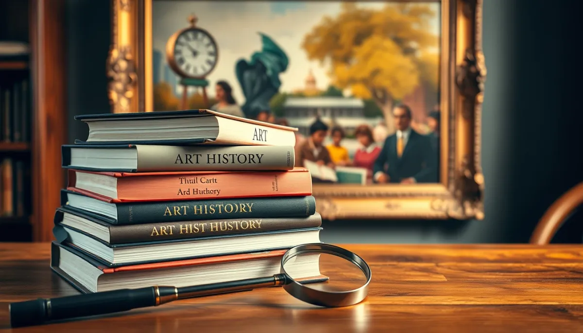 Livres d'histoire de l'art et loupe sur une table en bois, avec un tableau impressionniste flou en arrière-plan