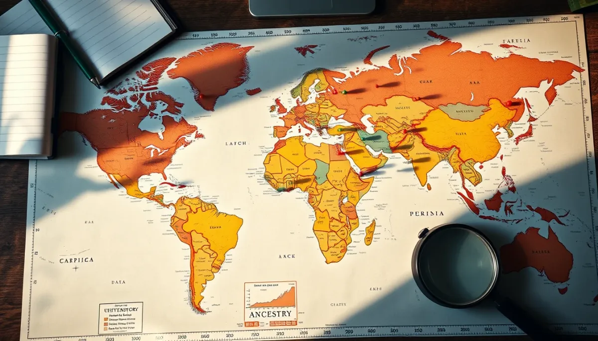 Carte du monde avec des épingles marquant des régions, utilisée pour illustrer la recherche d'origines