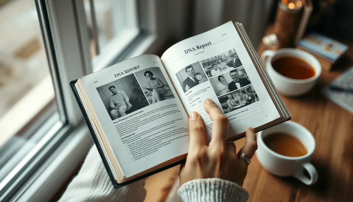 Mains tenant un livre ouvert avec des photos de famille et un rapport ADN