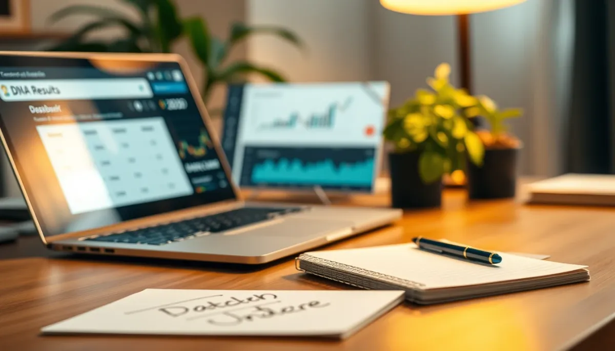 Bureau à domicile avec ordinateur portable affichant des résultats ADN et un carnet de notes