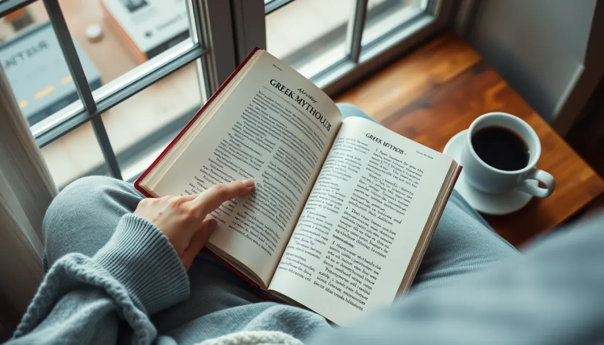 Personne lisant un livre sur la mythologie grecque dans un cadre confortable