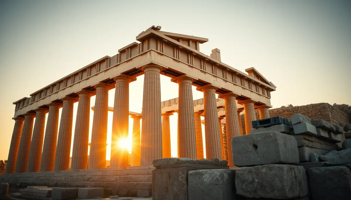 Ruines d'un temple grec antique au coucher du soleil