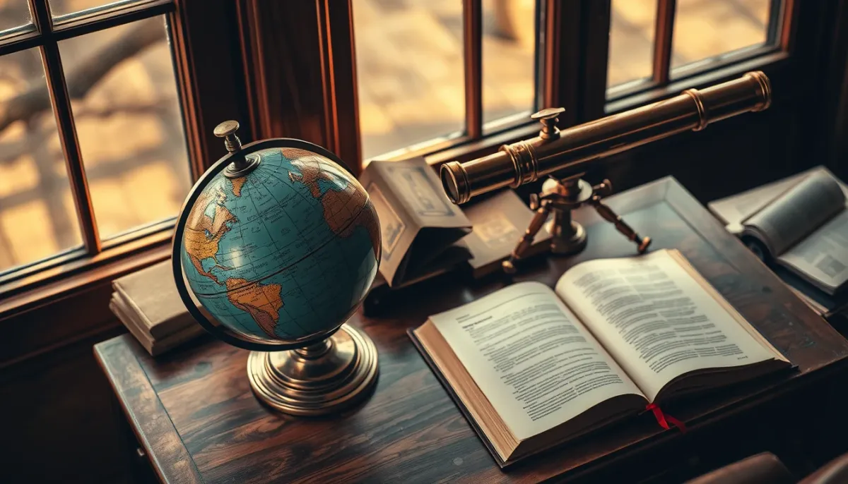 Bureau d'astronome avec globe céleste et télescope, évoquant Copernic et Galilée