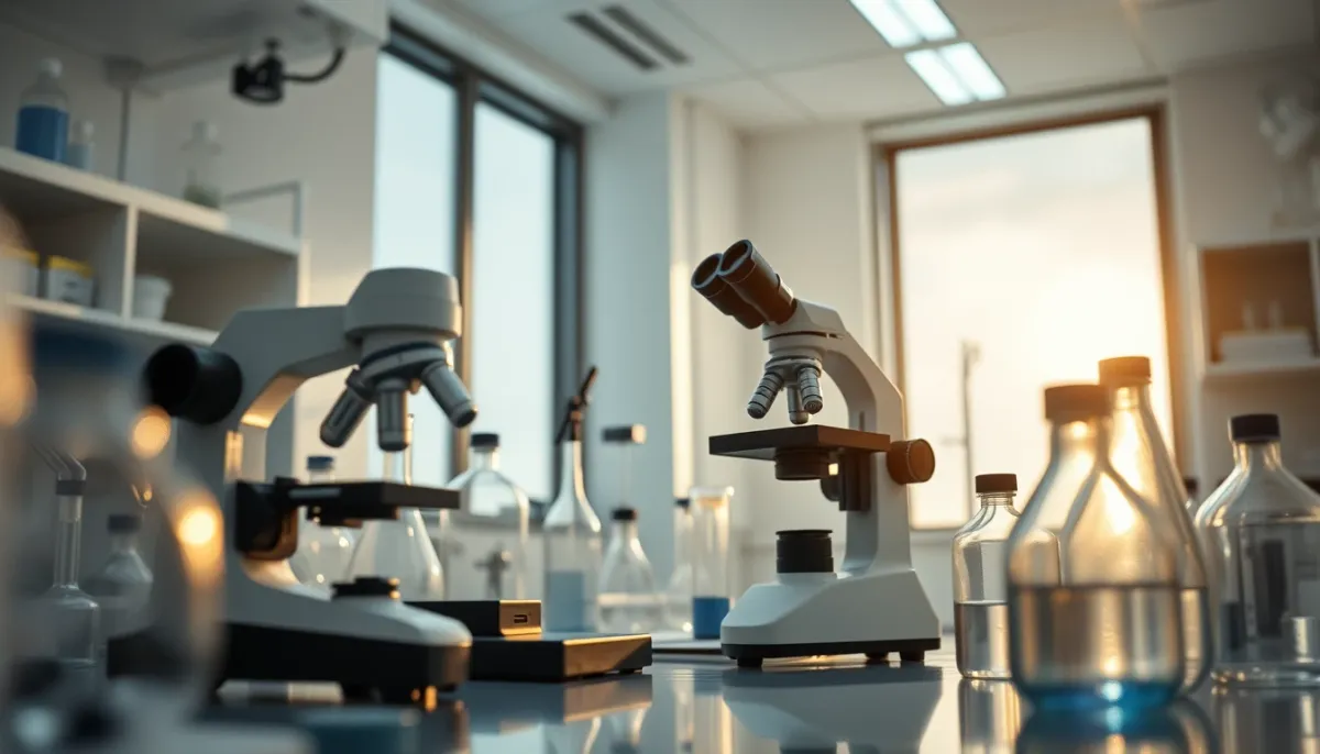 Laboratoire moderne avec microscope, symbolisant l'héritage des scientifiques célèbres