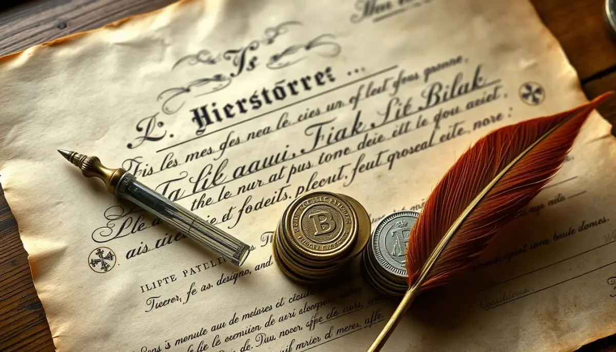 Document financier du XVIIIe siècle avec pièces de monnaie et plume symbolisant la crise financière