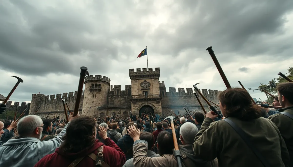 Reconstitution de la prise de la Bastille avec une foule en armes devant la forteresse
