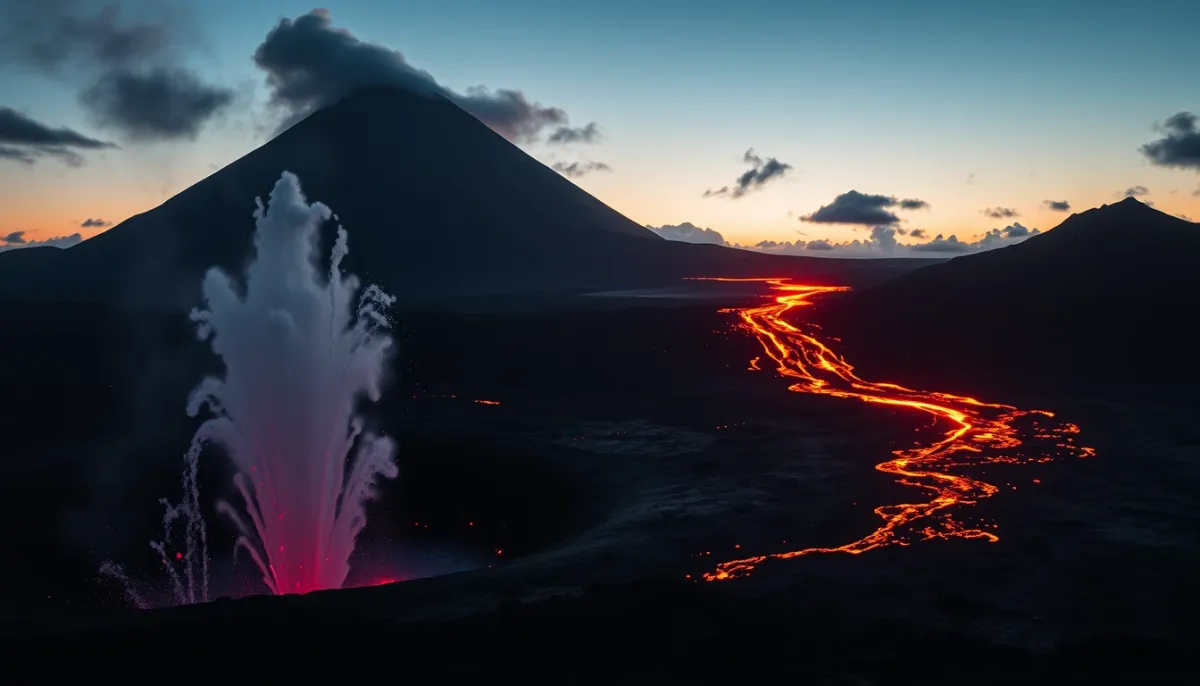 Fontaine de lave et coulée incandescente lors d'une éruption du Piton de la Fournaise au crépuscule