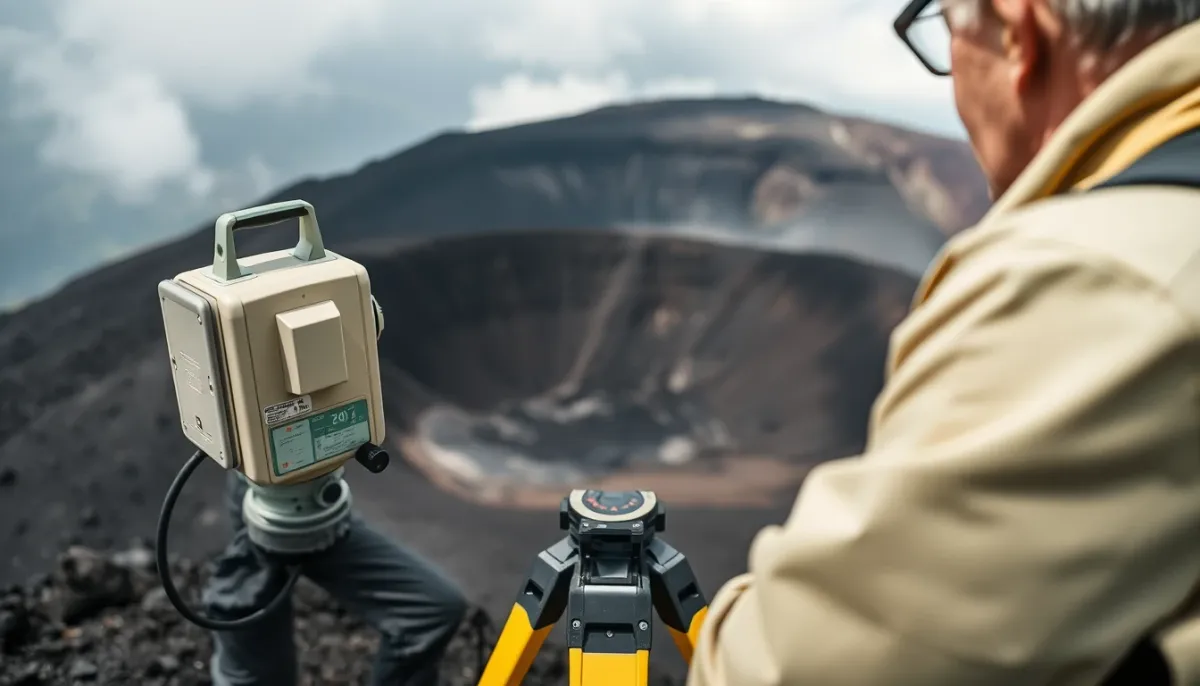 Station de surveillance volcanologique avec le cratère du Piton de la Fournaise en arrière-plan