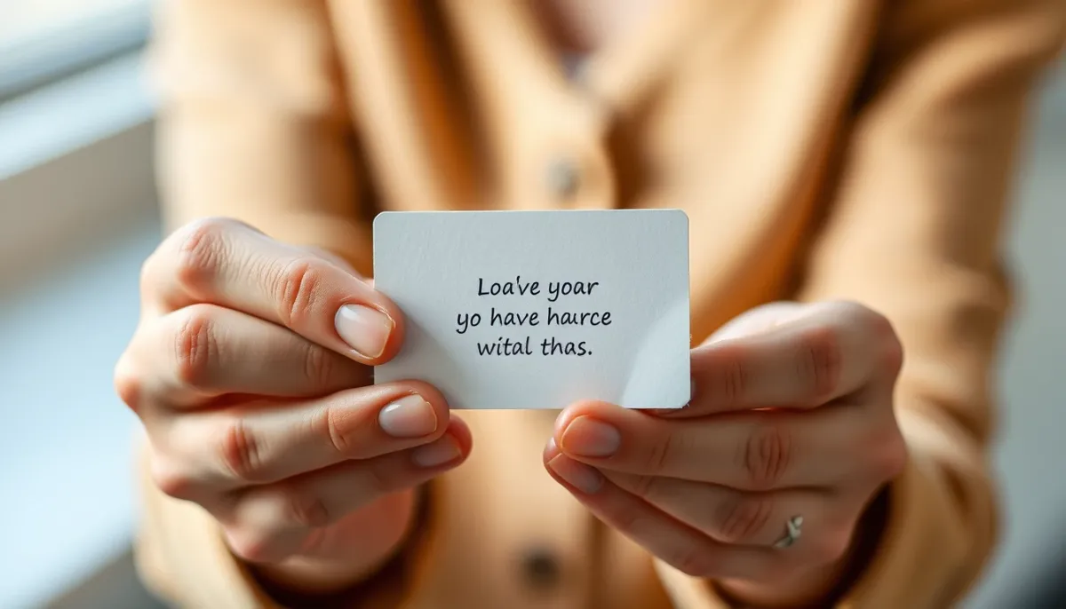 Mains tenant une carte avec une citation positive, gros plan, lumière naturelle douce