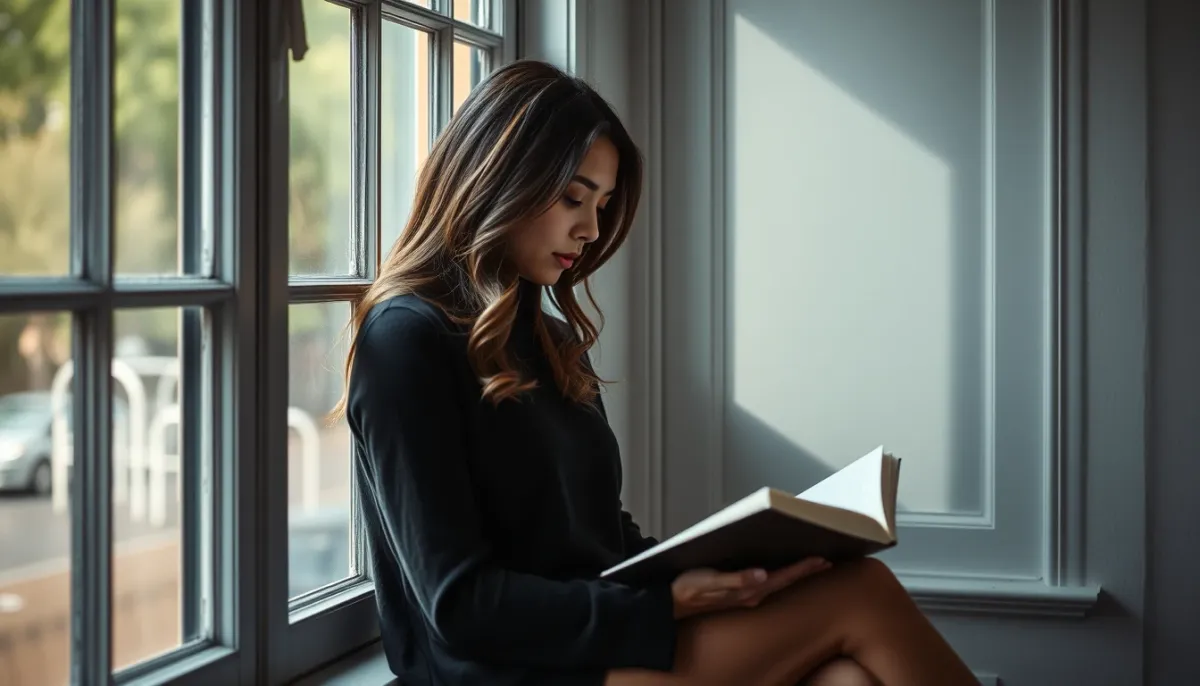 Femme lisant un livre près d'une fenêtre, expression pensive, lumière douce